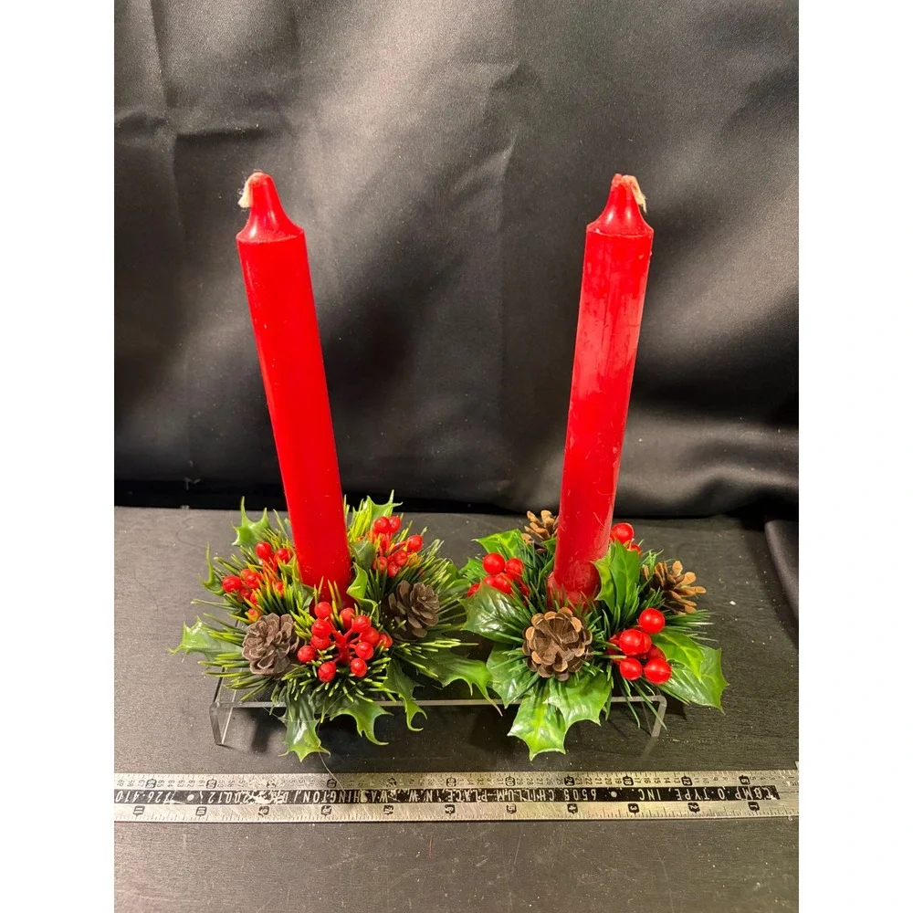 Vintage Christmas Holly Berry Pinecone Candle Rings with Red Taper Candles Set